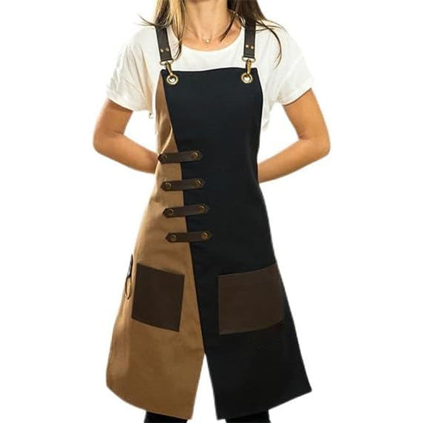 Woman in brown and black two - tone apron with leather straps, white background