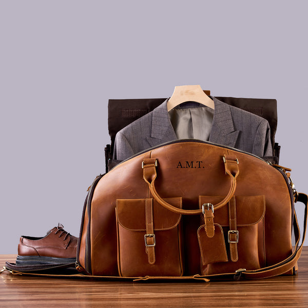 Full Grain Leather Garment Bag, Leather Duffle Bag with Shoe Compartment, Mens Leather Convertible Garment Bag, Carry-on Bag