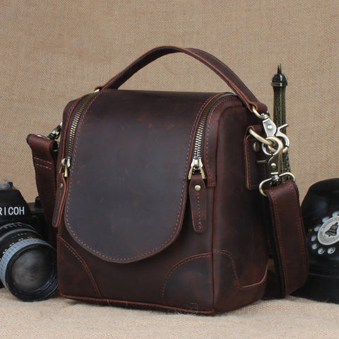 Crazy Horse Leather Camera Shoulder Bag Full Grain Leather Crossbody DSLR Camera Bag Mens Messenger Bag