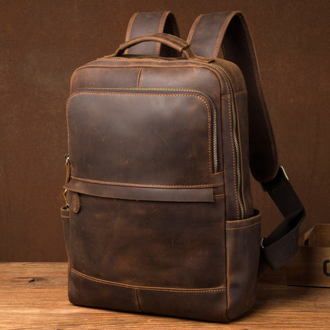 Crazy Horse Leather Backpack Men Laptop Backpack Handmade Travel Backpack MSG7635 - ROCKCOWLEATHERSTUDIO