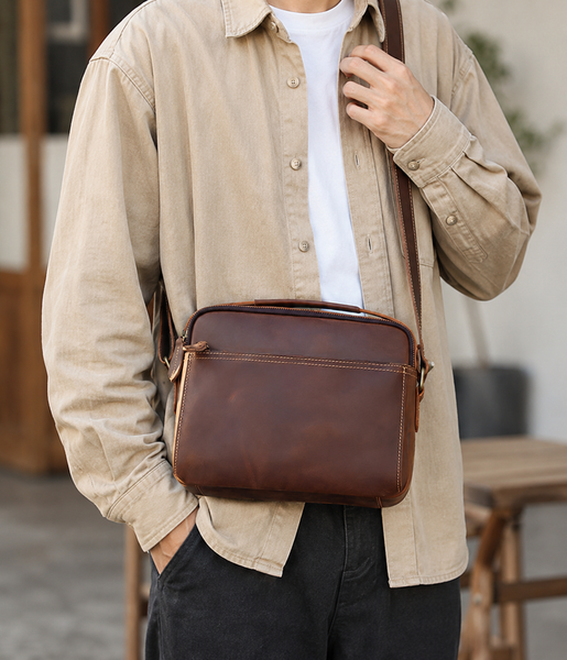 Crazy Horse Leather Crossbody Bag for Men, Premium Casual Commuter