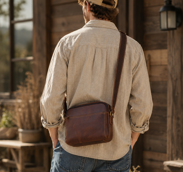 Crazy Horse Leather Crossbody Bag for Men, Premium Casual Commuter