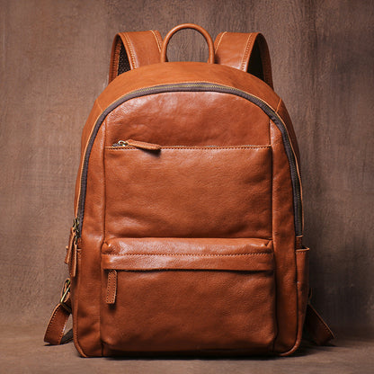 brown leather backpack, front view, classic design with top handle