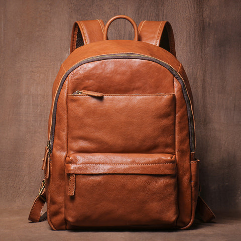 brown leather backpack, front view, classic design with top handle