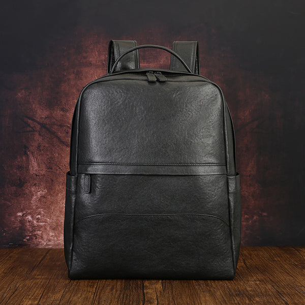 Front view of black leather backpack