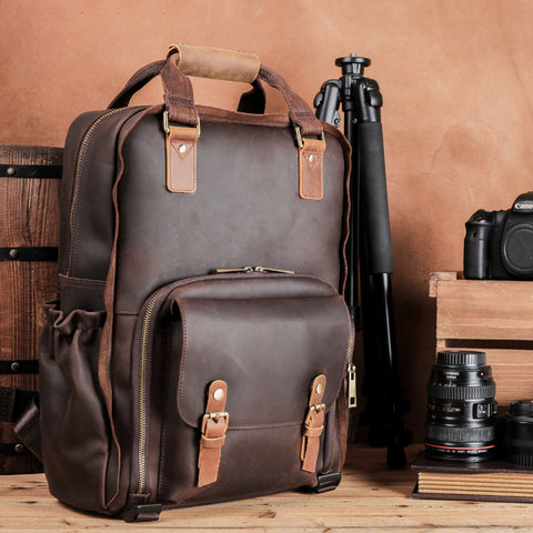 Full Grain Leather DSLR Camera Backpack Full Grain Leather Travel Backpack Crazy Horse Leather Mens Laptop Backpack
