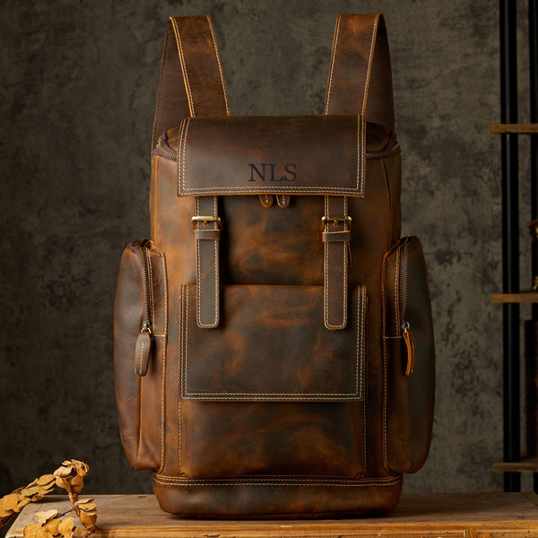 Personalized Brown full grain leather backpack