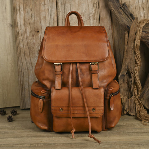 Full Grain Leather Laptop Backpack Large Capacity Weekender Overnight Camping Rucksack Men Leather Backpack