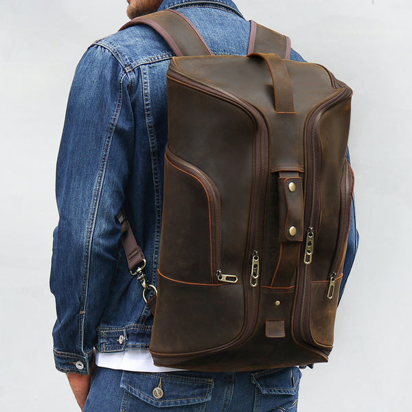 Full Grain Leather Mens Backpack Convertible Leather Duffle Bag Tote Luggage Bag Retro Crazy Horse Leather Travel Backpack