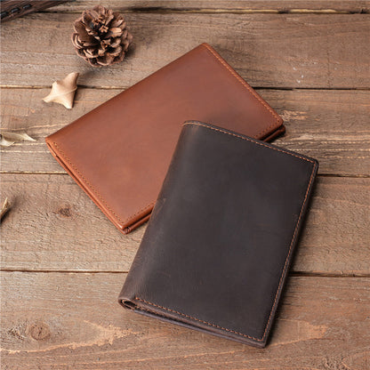 Full Grain Leather Passport Wallet Retro Leather Card Holder Wallet RFID Bifold Wallet Unisex Short Wallet