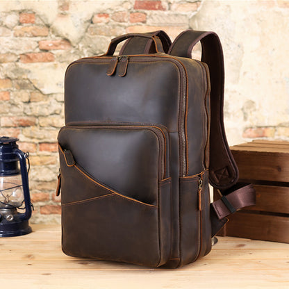 Full Grain Leather backpack Mens Crazy Horse Laptop Backpack Handmade Retro Large Leather Travel Backpacks For Mens
