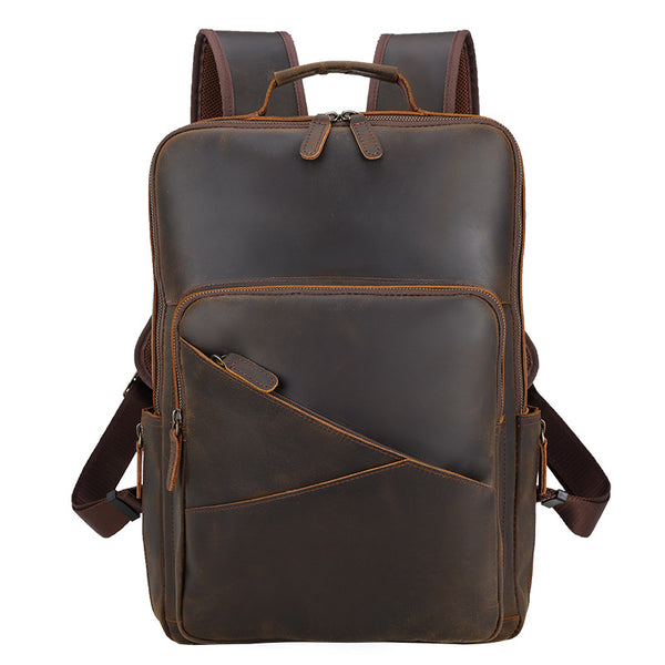 Full Grain Leather backpack Mens Crazy Horse Laptop Backpack Handmade Retro Large Leather Travel Backpacks For Mens