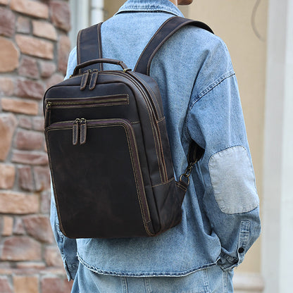 Full Grain Men's Leather Backpack Retro 15-inch Laptop Backpack Handcrafted Cow Leather Backpack