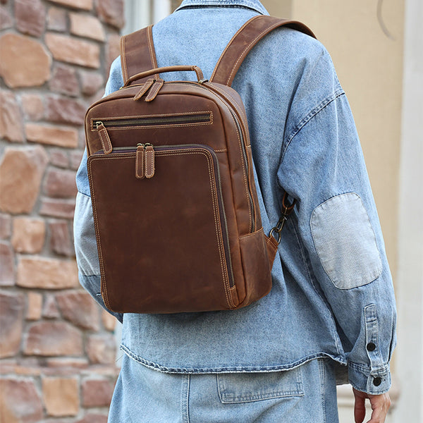 Full Grain Men's Leather Backpack Retro 15-inch Laptop Backpack Handcrafted Cow Leather Backpack