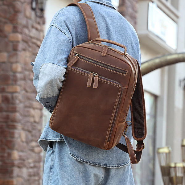 brown leather backpack polyvore Full Grain Men's Leather Backpack Retro 15-inch Laptop Backpack Handcrafted Cow Leather Backpack Brown