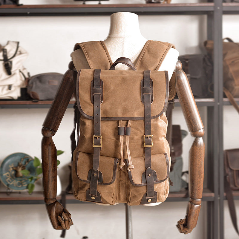 boubideal canvas and leather backpack Handmade Canvas Backpack Waxed Canvas Laptop Backpack Vintage Travel Backpack Large Rucksack Black