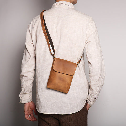 Handmade Genuine Leather Satchel Bag Shoulder Bag Full Grain Leather Small Crossbody Bag For Mens