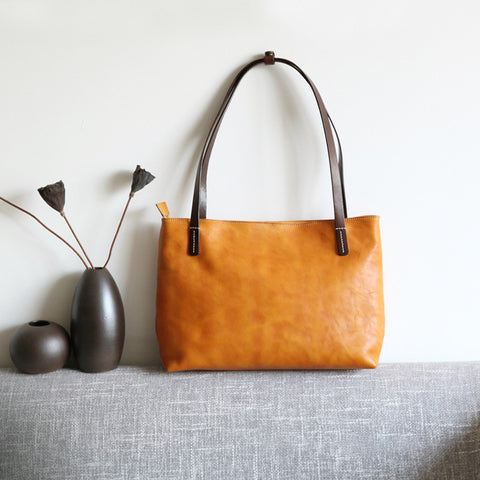 Handmade Vegetable Tanned Leather Tote Bag Leather Shopping Bag Vintage Woman Leather Shoulder Bag Large Work Tote Bag