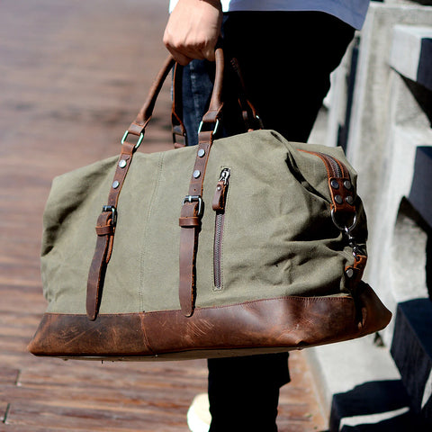 Waxed Canvas & Leather Weekender, Oversized Men's Travel Duffel, Durable Carry-On Bag