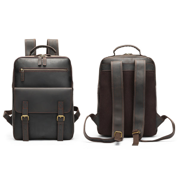 Front and back view of dark brown leather backpack, structured shape, adjustable straps