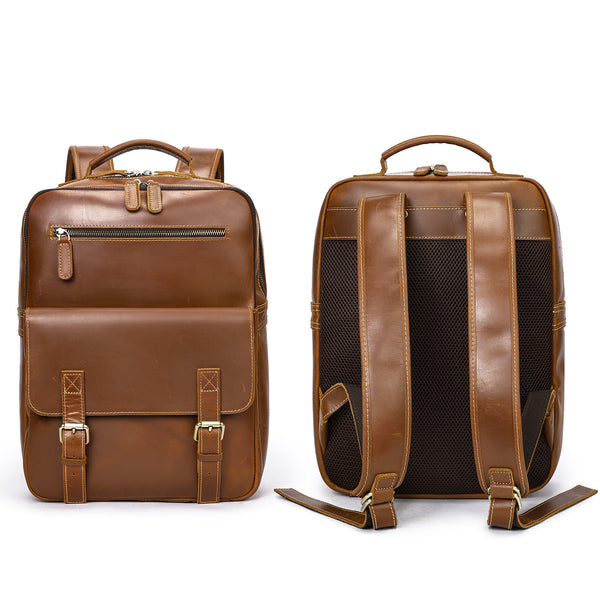 Front and mesh back view of brown leather backpack, structured shape, adjustable straps