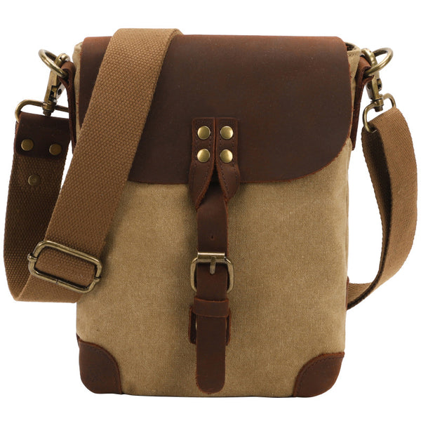 Khaki canvas crossbody bag with brown leather accents