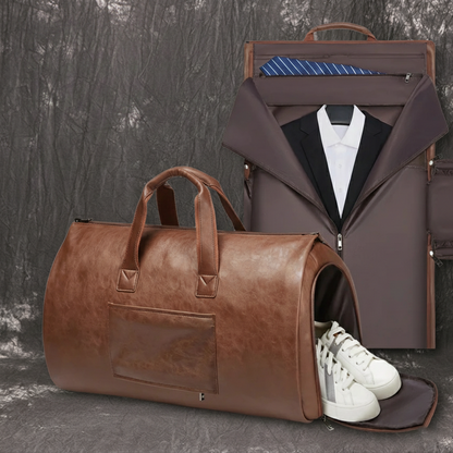 Leather Garment Duffel Bag with Shoe Pouch Waterproof Leather Weekender Bag Hanging Clothes Bag Large Overnight Bag - ROCKCOWLEATHERSTUDIO