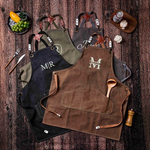 Four color canvas aprons with embroidered logo(Grey, Black, Army Green, Khaki)