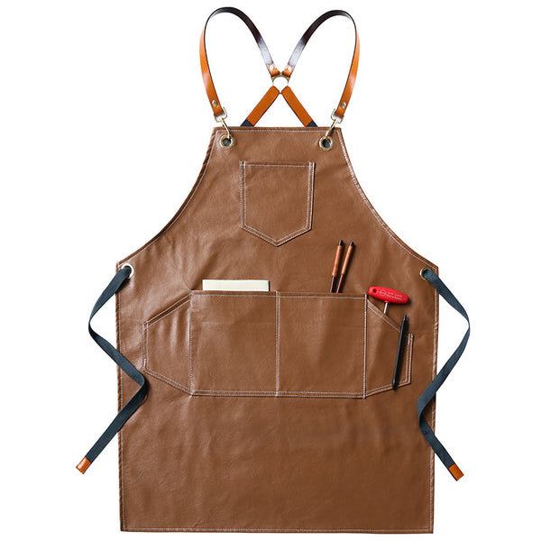 Brown PU leather apron with tool pockets, white background
