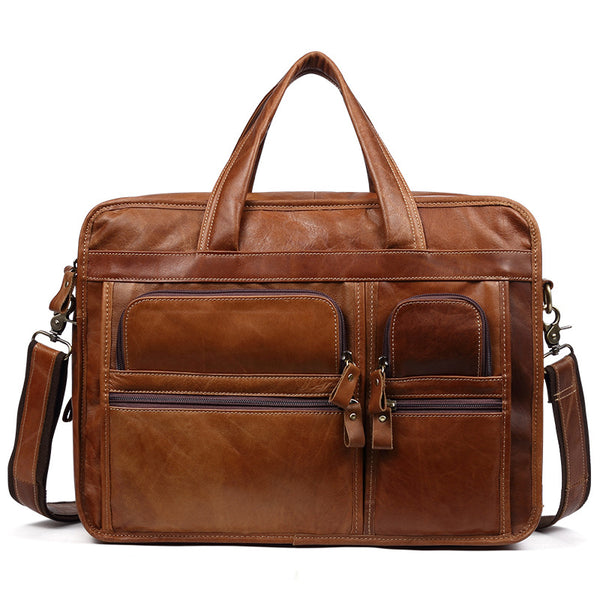 ROCKCOW Handmade Full  Grain Leather Briefcase Men's Large Travel  Shoulder Messenger Bag Handbags