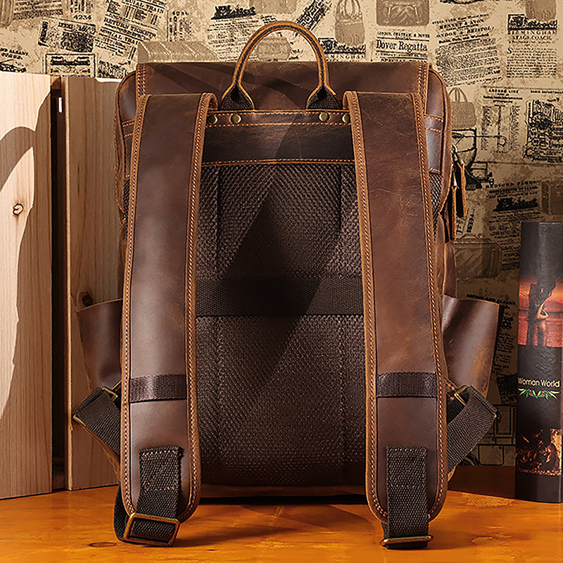 brown leather backpack designer ROCKCOW Handmade Leather Travel Backpack, Designer Backpacks, School Backpack Retro Brown