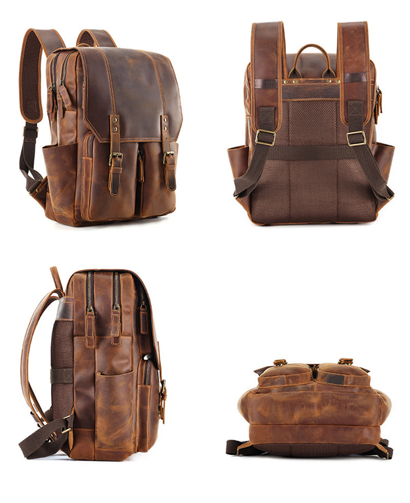 ROCKCOW Handmade Leather Travel Backpack, Designer Backpacks, School Backpack Retro Brown