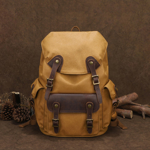 Vintage Canvas Travel Backpack Waxed Canvas 16 Inch Laptop Backpack Waterproof Canvas Rucksack Mens Flap Cover Backpack