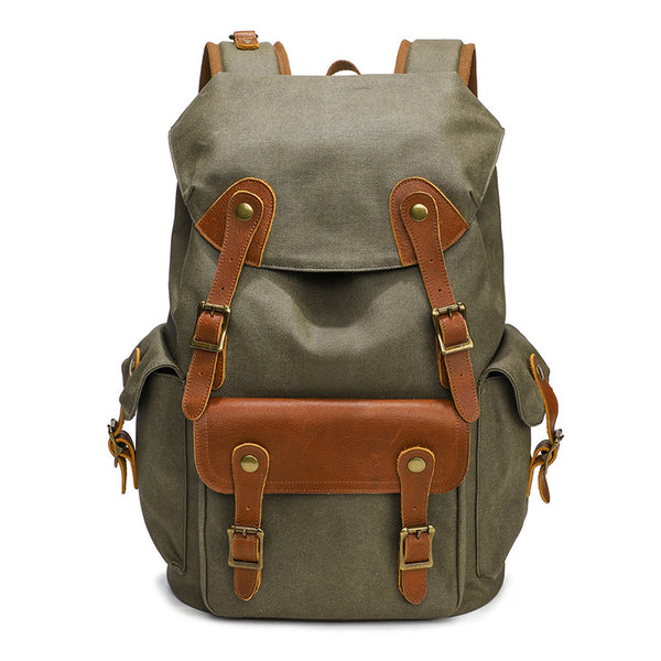 Vintage Canvas Travel Backpack Waxed Canvas 16 Inch Laptop Backpack Waterproof Canvas Rucksack Mens Flap Cover Backpack - ROCKCOWLEATHERSTUDIO
