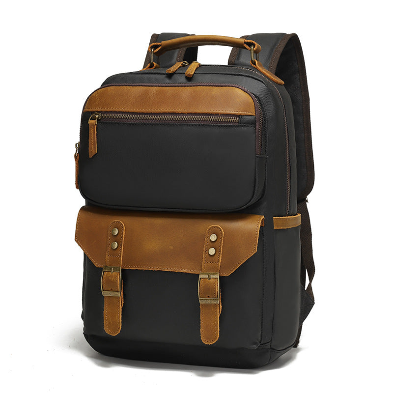 Waterproof Canvas Leather Backpack Large Travel School Bag Mens Laptop Rucksack Unisex Hiking College Backpack Dark Grey