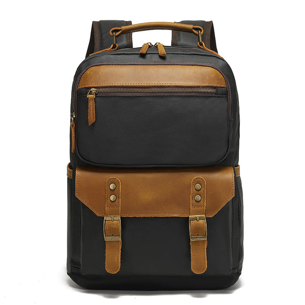 Waterproof Canvas Leather Backpack Large Travel School Bag Mens Laptop Rucksack Unisex Hiking College Backpack Dark Grey