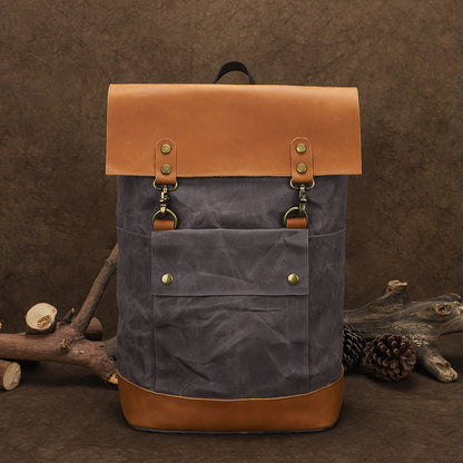 Waterproof Canvas Travel Backpack Full Grain Leather And Canvas Laptop Backpack Flap Cover Camera Backpack