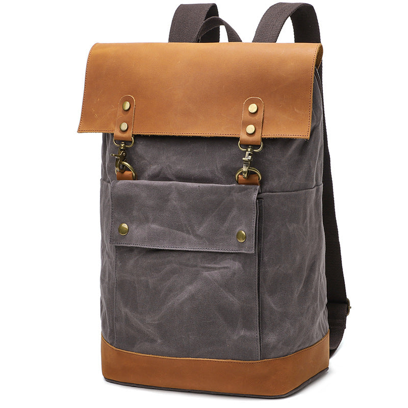 Waterproof Canvas Travel Backpack Full Grain Leather And Canvas Laptop Backpack Flap Cover Camera Backpack Grey