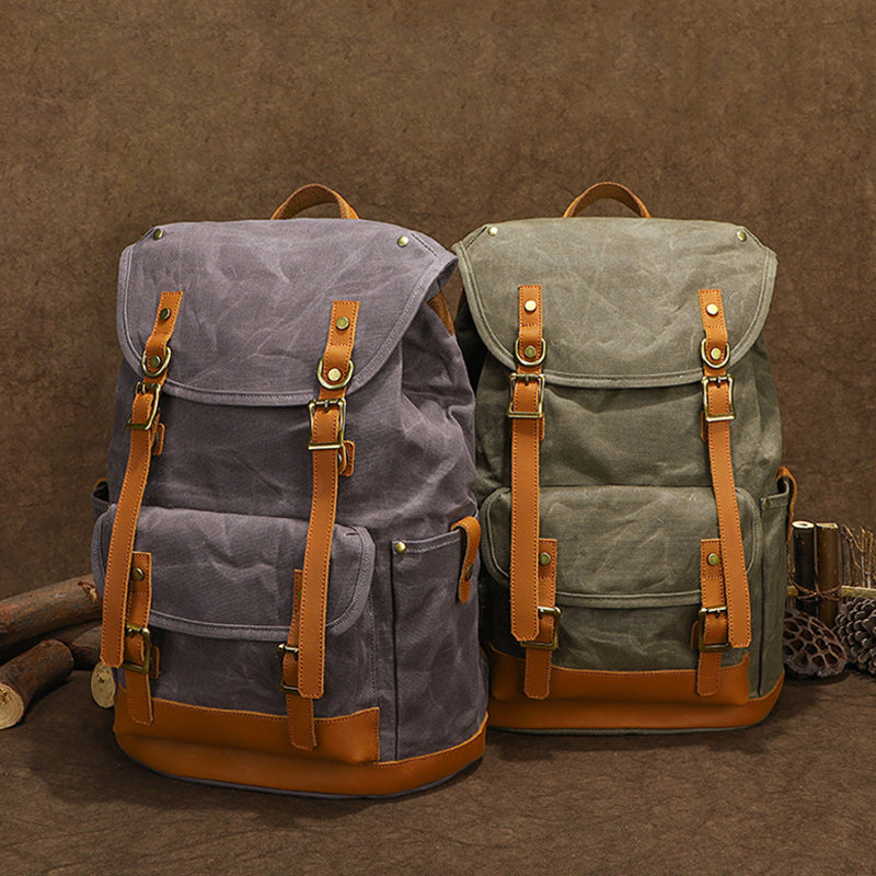 Waxed Canvas Backpack Retro Full Grain Leather And Canvas Travel Backpack Waterproof Outdoor Climbing Backpack Grey