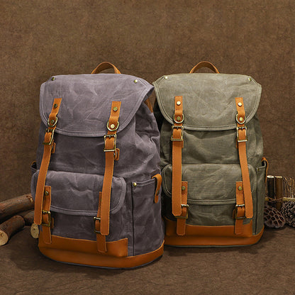 Waxed Canvas Backpack Retro Full Grain Leather And Canvas Travel Backpack Waterproof Outdoor Climbing Backpack