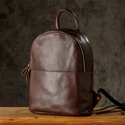 Dark brown leather backpack, front view with zipper, retro business style
