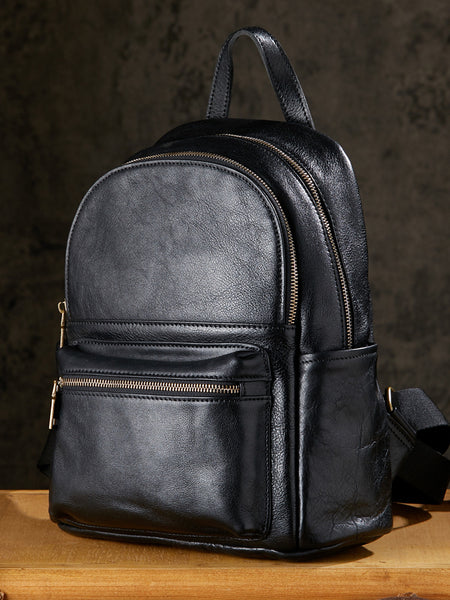 design black leather backpack Women's Full Grain Leather Backpack Genuine Leather College Bag for Wo – RockCow Leather Studio
