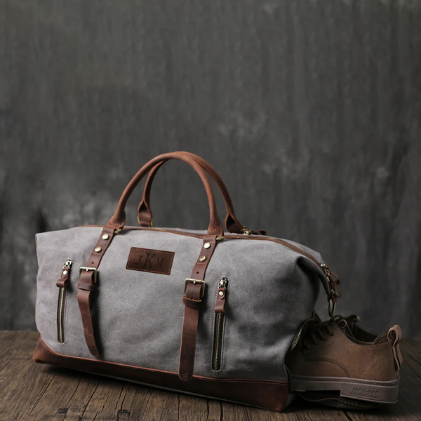 Personalized Canvas Duffel Bag, Waterproof Canvas Leather Weekend bag with Shoes Compartment for Men Women - ROCKCOWLEATHERSTUDIO
