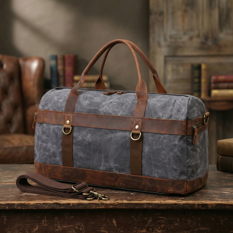 Canvas Duffle Bag with Leather Trim ,Travel Duffel Bags, Overnight Bag, Weekender Bag
