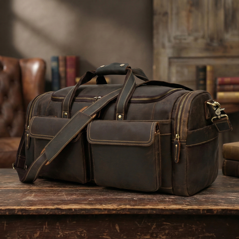 Crazy Horse Leather Duffle Bag Retro Large Capacity Tote Travel Bag Mens Weekender Overnight Bag