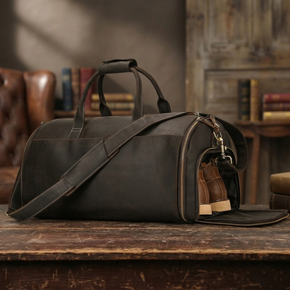Full Grain Leather Garment Bag Mens Leather Duffel Bag Retro Leather Weekend Travel Bag Large Leather Gym Bag