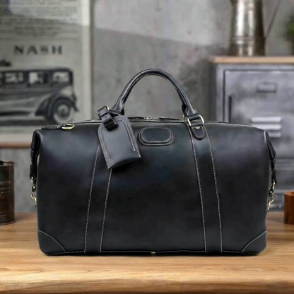 RockCow Black Leather Duffle Bag, Mens Weekend Bag, Mens Travel Bag