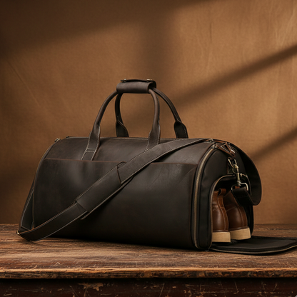 Full Grain Leather Garment Bag Mens Leather Duffel Bag Retro Leather Weekend Travel Bag Large Leather Gym Bag - ROCKCOWLEATHERSTUDIO