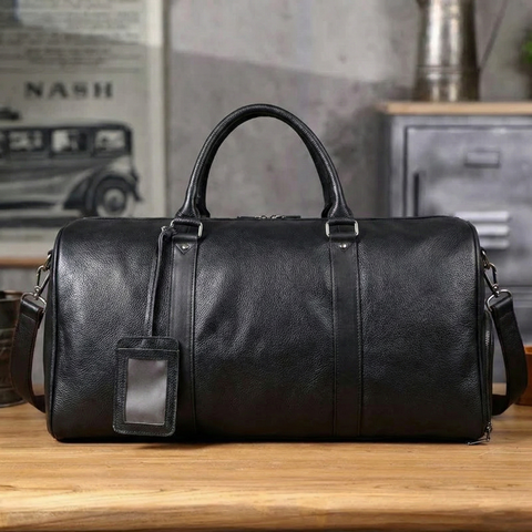 Full Grain Leather Duffle Bag With Shoes Compartment Mens Cowhide Leather Travel Bags Weekender Bags - ROCKCOWLEATHERSTUDIO