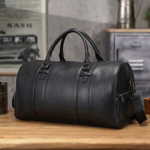 Full Grain Leather Travel Bag With Shoes Compartment Casual Leather Duffle Bag Mens Leather Overnight Bag